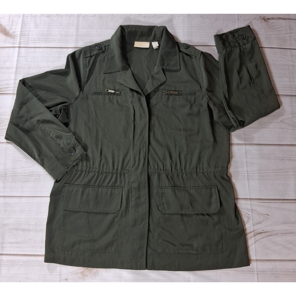 Chico's Women's Size 2 (Large) Olive Green Utility Safari Jacket Cargo Pockets